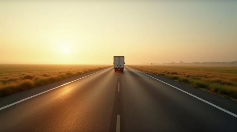 Caminhão de carga pequeno visto de longe em rodovia vazia ao amanhecer, sem identificação visível