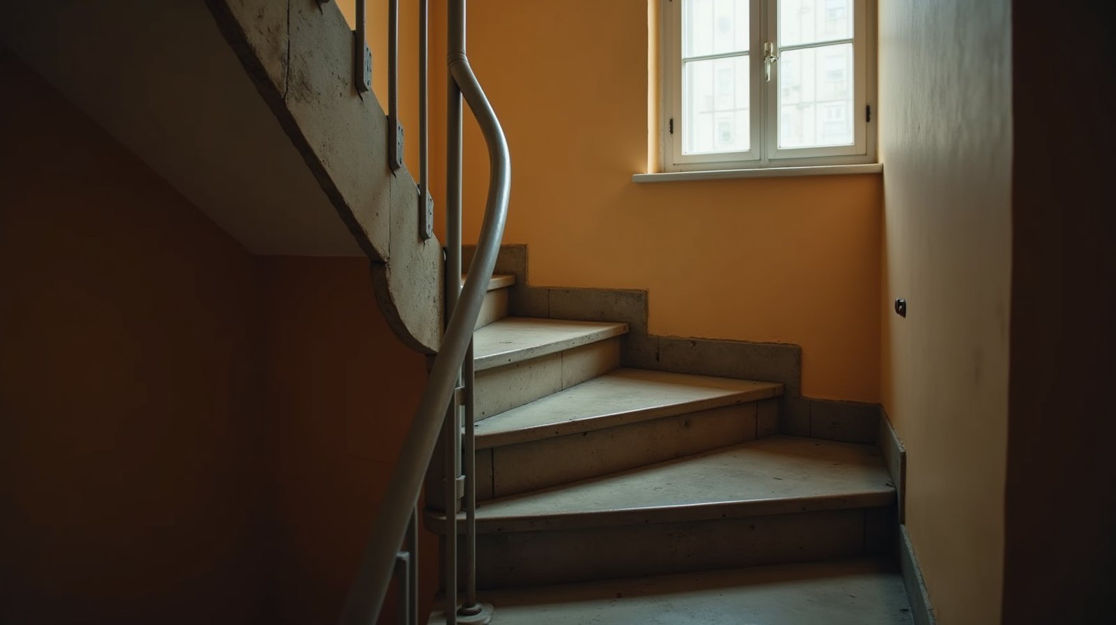 Escada de prédio antigo vazia, em curva, com corrimão de metal e luz natural entrando pela janela.