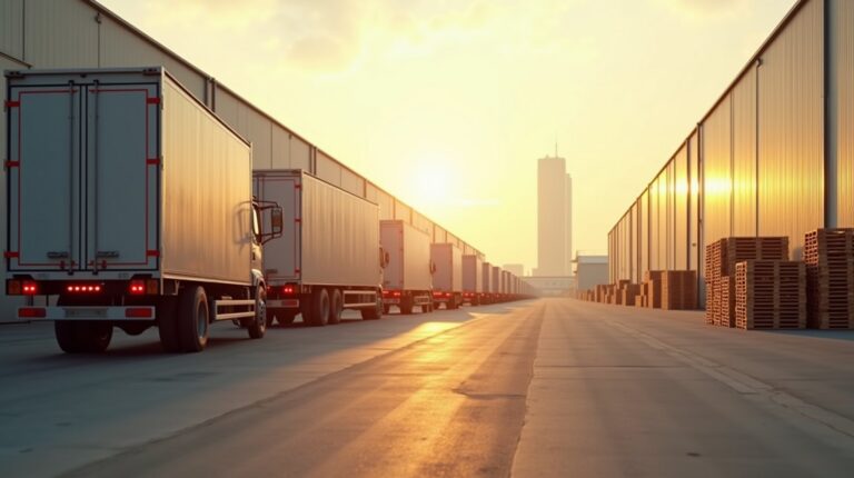 Fila de caminhões de carga vistos de trás, com portas fechadas, estacionados num pátio de galpão ao entardecer.