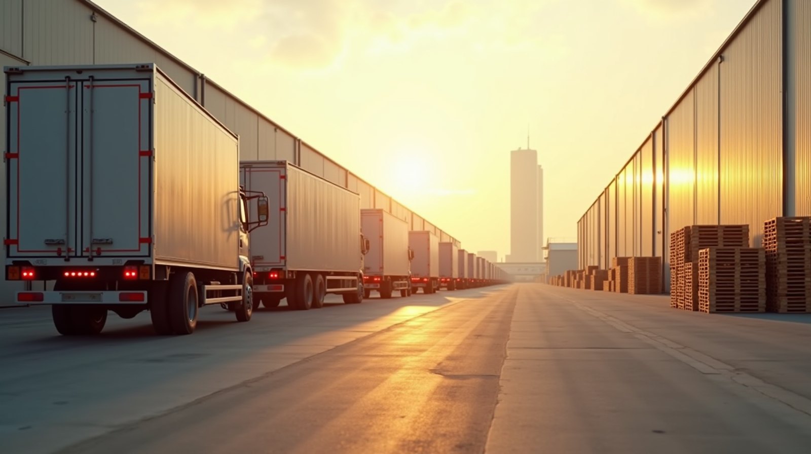Fila de caminhões de carga vistos de trás, com portas fechadas, estacionados num pátio de galpão ao entardecer.