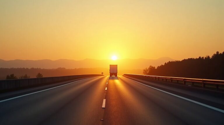Caminhão em silhueta contra o pôr do sol em uma rodovia vazia
