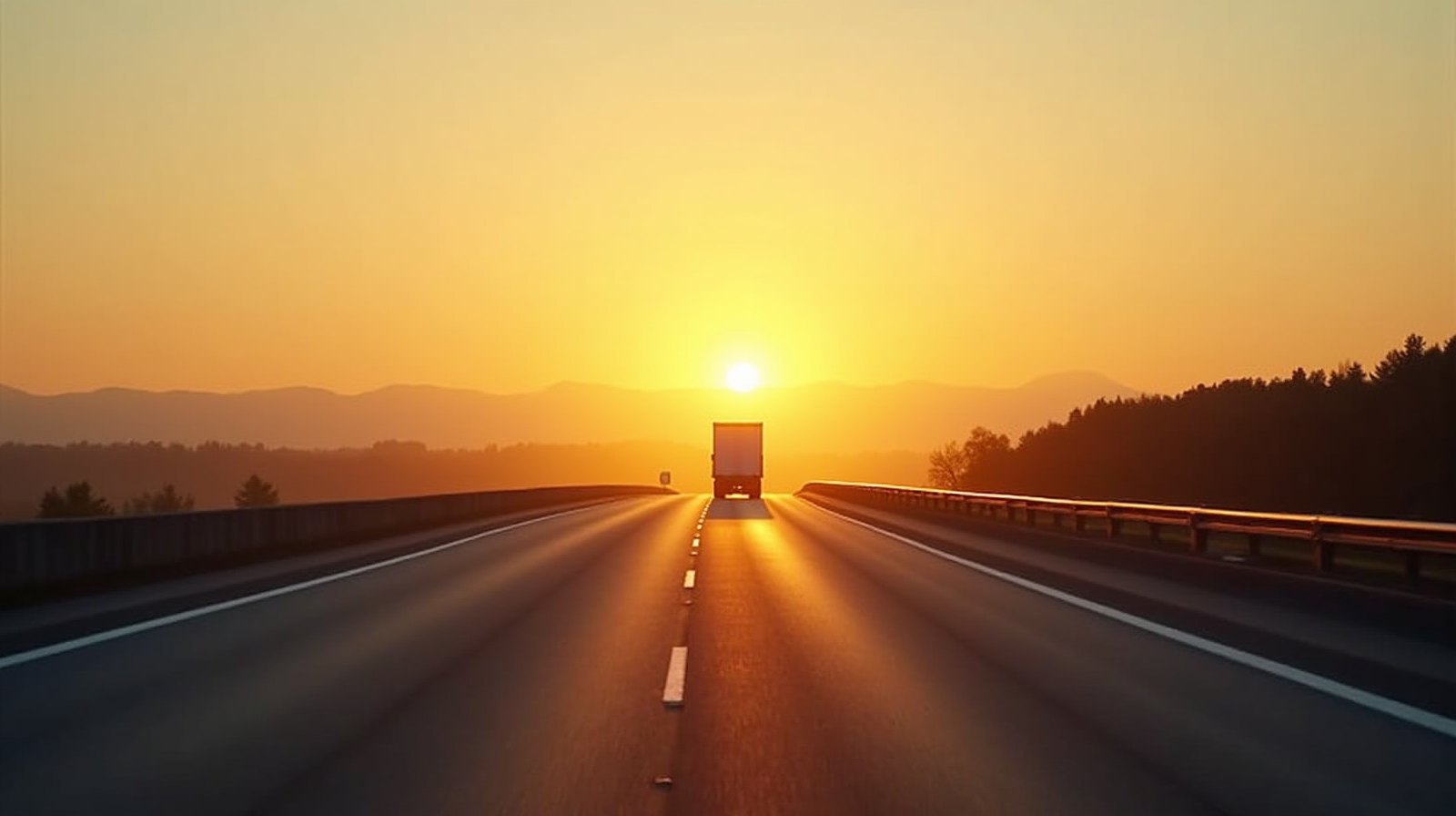 Caminhão em silhueta contra o pôr do sol em uma rodovia vazia
