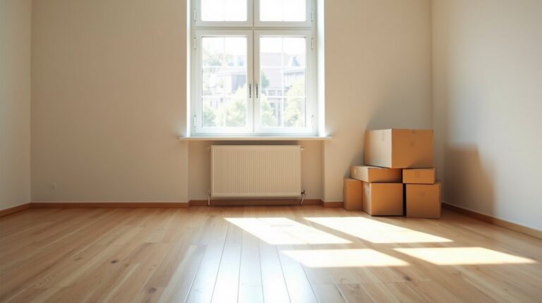 Sala de apartamento vazia com piso de madeira clara, luz de janela e uma pilha de caixas de papelão fechadas no canto
