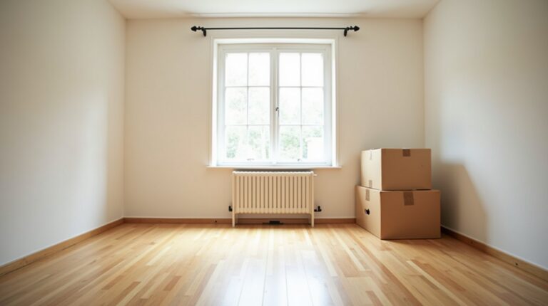 Sala de apartamento vazia com luz de janela, piso de madeira e duas caixas de papelão empilhadas no canto