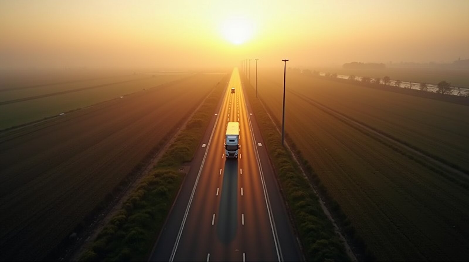 Vista aérea de uma rodovia reta ao amanhecer, com um caminhão pequeno ao longe entre campos e névoa