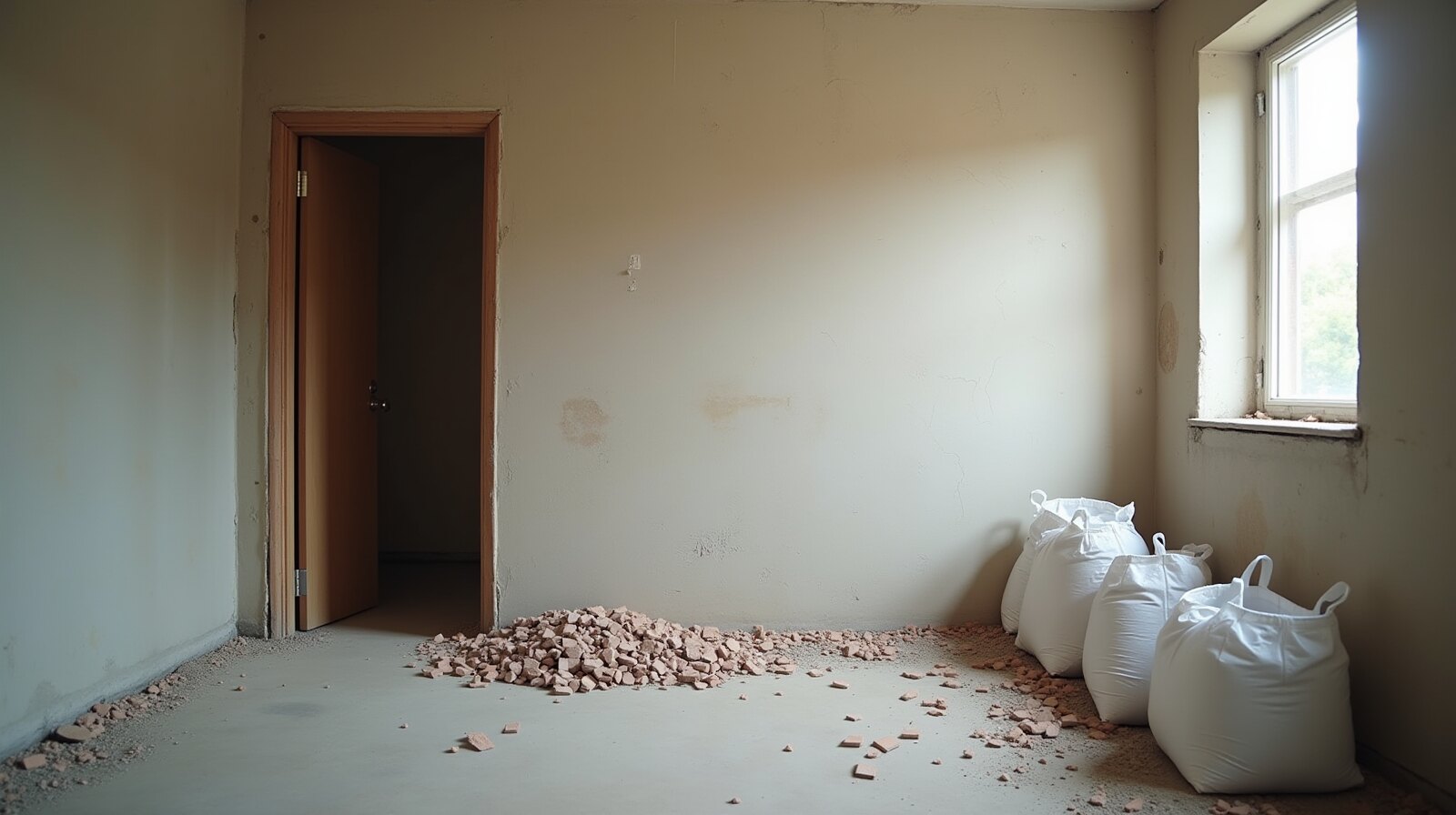 Cômodo em reforma com piso de concreto, pequena pilha de tijolos quebrados e sacos brancos fechados encostados na parede, ao lado de uma janela