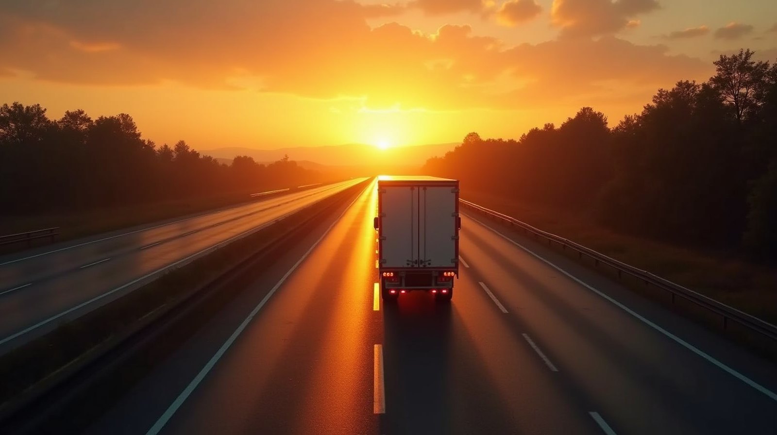 Caminhão baú visto de traseira em uma rodovia ao amanhecer, com o sol baixo ao fundo